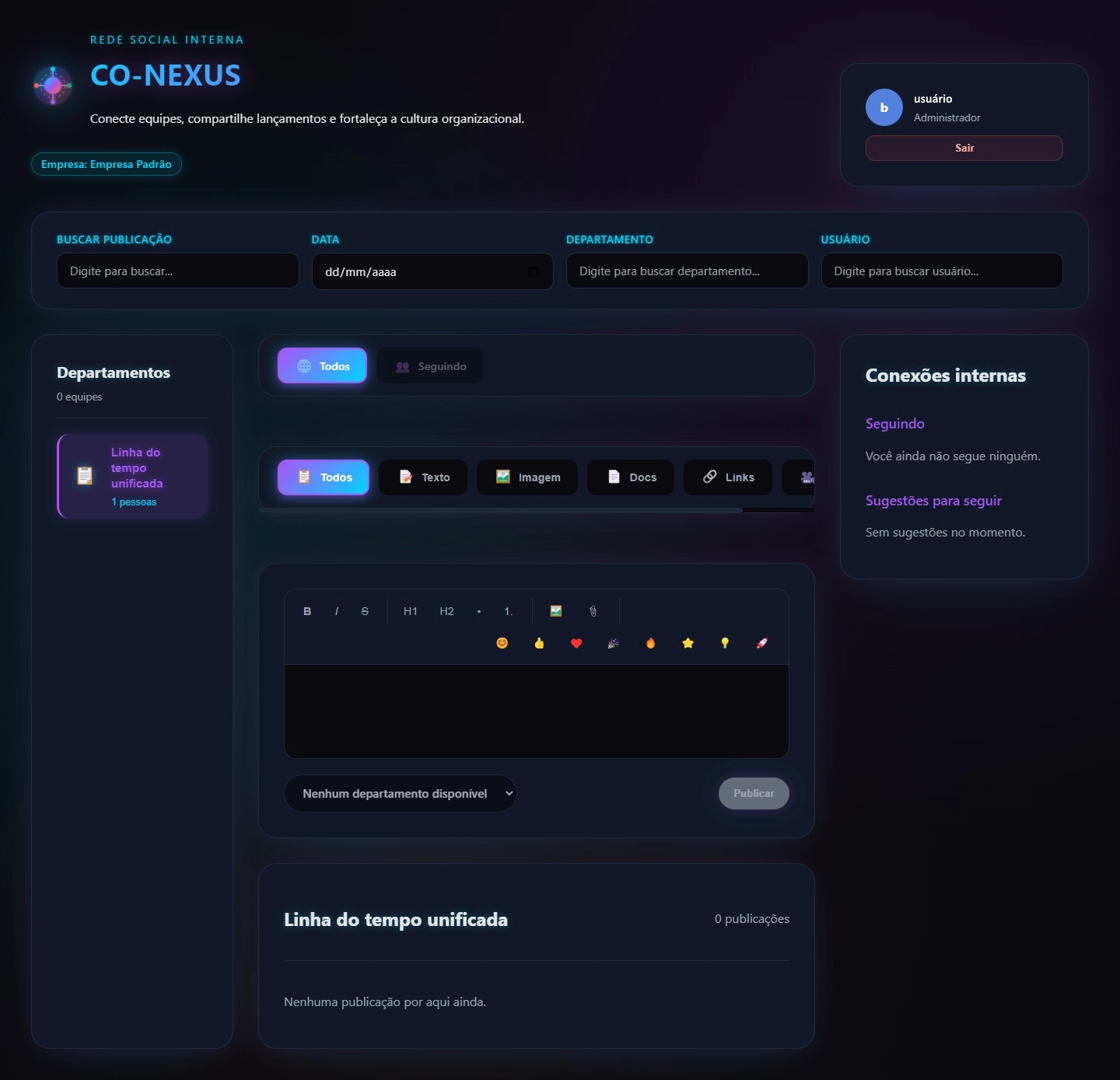 Interface do CO-NEXUS - Rede Social Corporativa